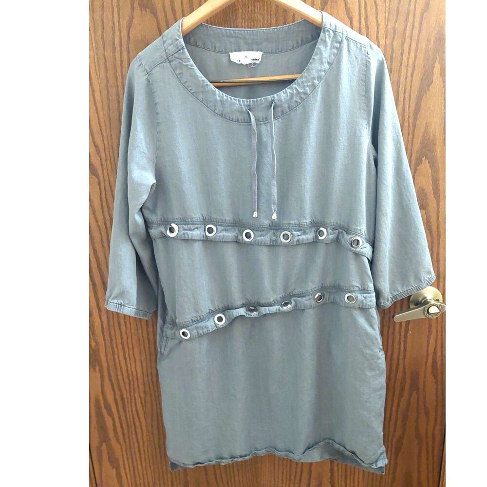 Neon Buddha 100% Tencel Gray Grommet Dress Pockets Small Boho
